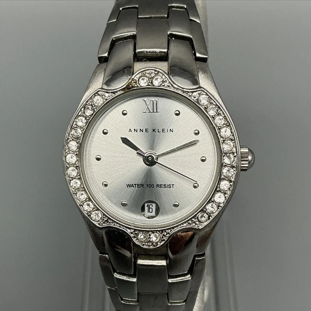 Anne Klein Womens Watch 24mm Silver Dial Crystal Bezel Date New Battery 6.25